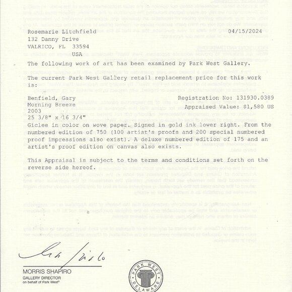 Unframed "Morning Breeze" by Gary Benfield Giclee Appraised $1,580 - Picture 4 of 9